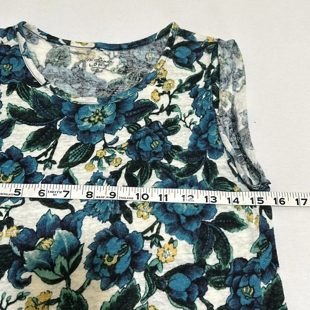 LOFT WOMEN 100% LINEN BLOUSE BLUE FLORAL SLEEVELESS SIZE SMALL - Picture 7 of 10